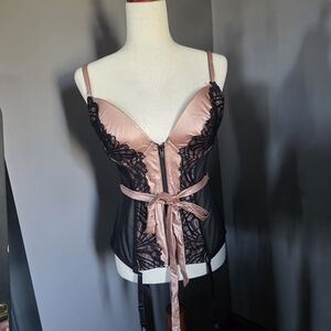 Avenue Blush Pink and Black Lace Satin Bustier with Front Zip
